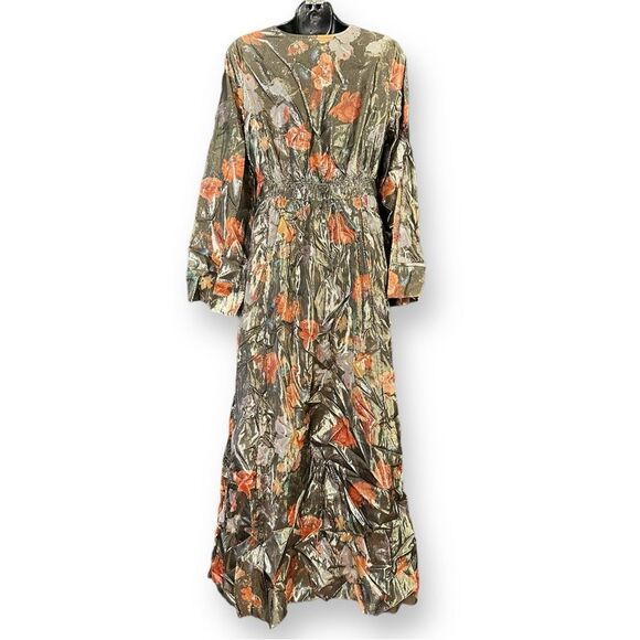 Anthropologie x Caballero Deep V-Neck Metallic Floral Maxi Dress Brown Motif - Picture 7 of 8